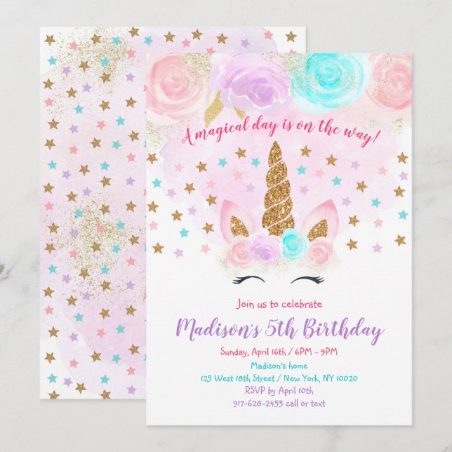 Unicorn Birthday-inbjudan Rosa Guld Magic Inbjudningar (Fram/baksida)