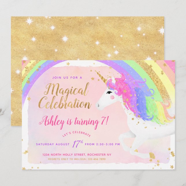 Unicorn Birthday-inbjudan | Rosa Guld Rainbow Inbjudningar (Fram/baksida)