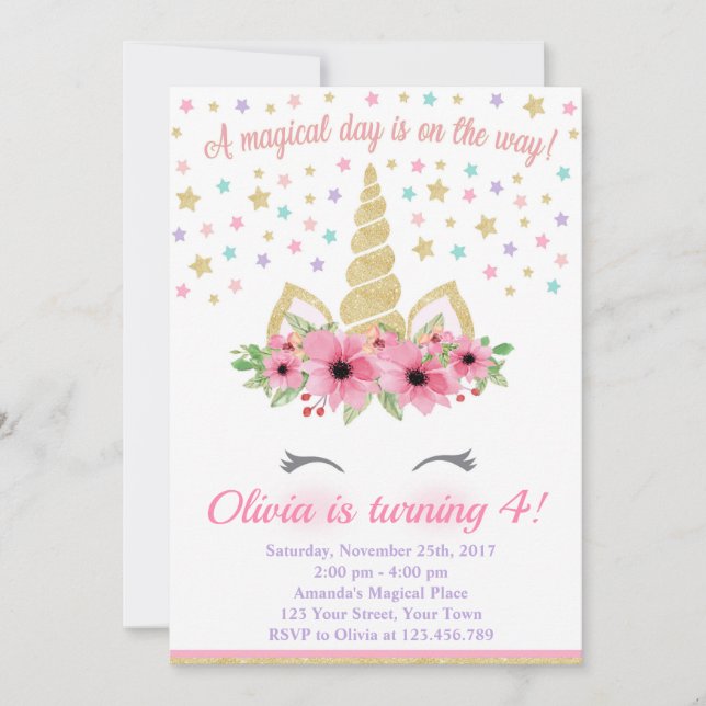 Unicorn Birthday-inbjudan, Rosa och Guld Inbjudningar (Framsida)