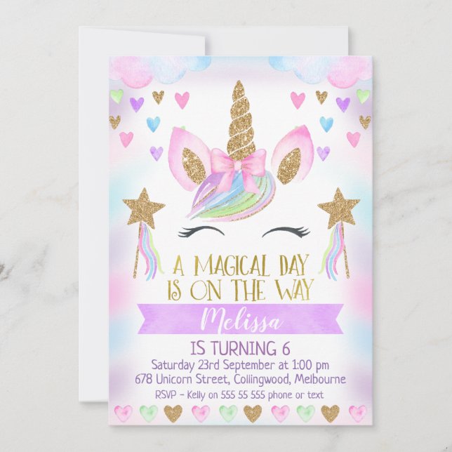 Unicorn Birthday-inbjudan till Glitter Inbjudningar (Framsida)
