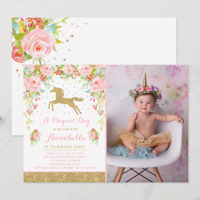 Unicorn Birthday-inbjudan till Rosa Guld Unicorn Inbjudningar (Fram/baksida)