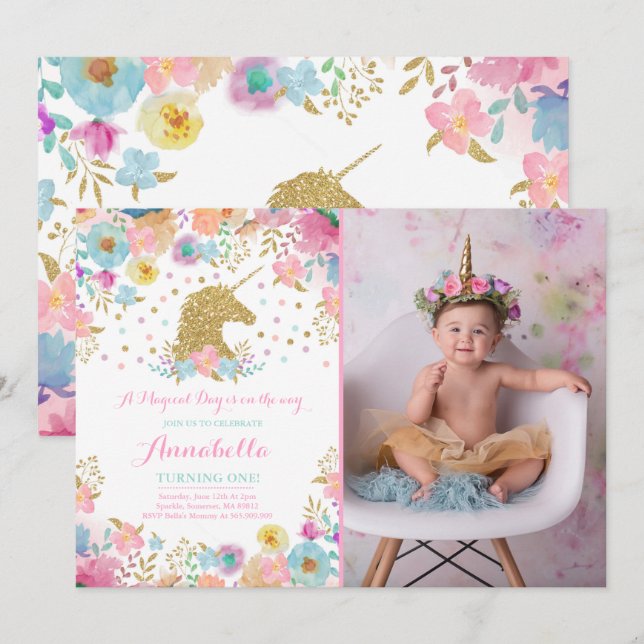 Unicorn Birthday-inbjudan till Rosa Guld Unicorn Inbjudningar (Fram/baksida)