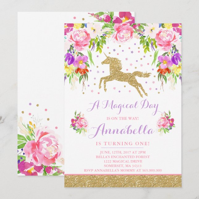 Unicorn Birthday-inbjudan till Rosa Guld Unicorn Inbjudningar (Fram/baksida)