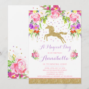Unicorn Birthday-inbjudan till Rosa Guld Unicorn Inbjudningar
