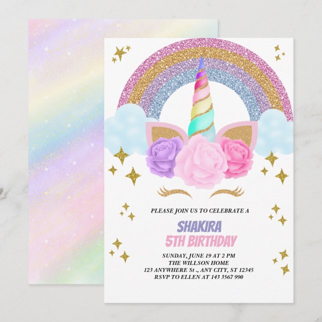 Unicorn Birthday Inbjudningar (Fram/baksida)