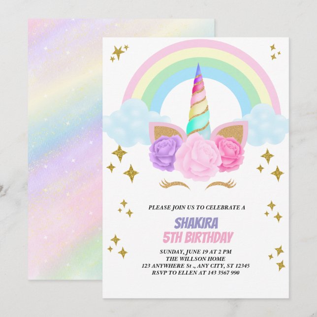 Unicorn Birthday Inbjudningar (Fram/baksida)