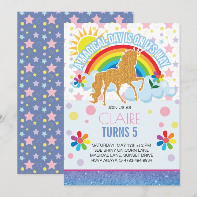 Unicorn Birthday-inbjudningar, för barn Inbjudningar (Fram/baksida)