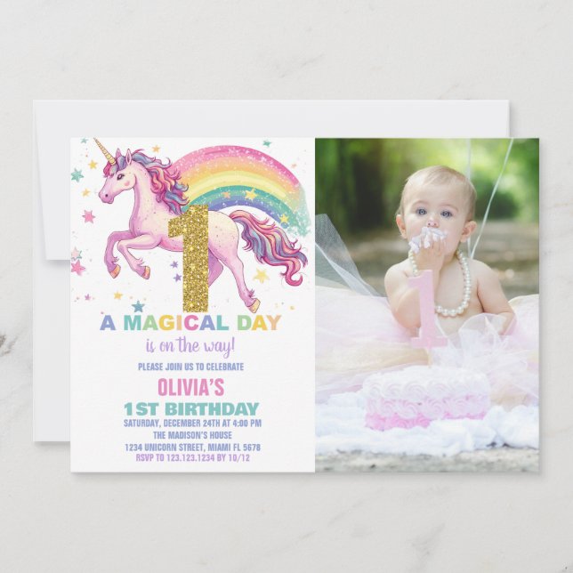 Unicorn Birthday-inbjudningar med bild Inbjudningar (Framsida)