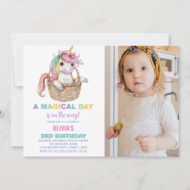 Unicorn Birthday-inbjudningar med foto Inbjudningar (Framsida)