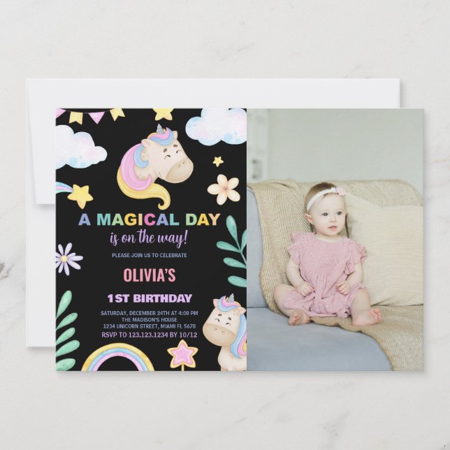 Unicorn Birthday-inbjudningar med foto Inbjudningar (Framsida)