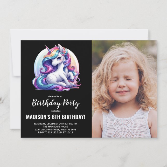 Unicorn Birthday-inbjudningar med foto Inbjudningar (Framsida)