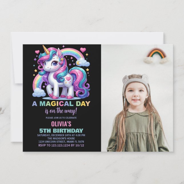 Unicorn Birthday-inbjudningar med foto Inbjudningar (Framsida)