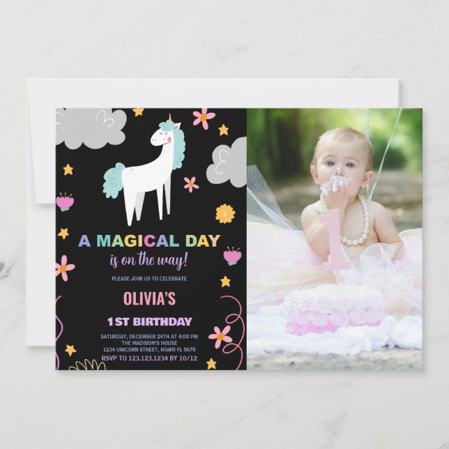 Unicorn Birthday-inbjudningar med foto Inbjudningar (Framsida)