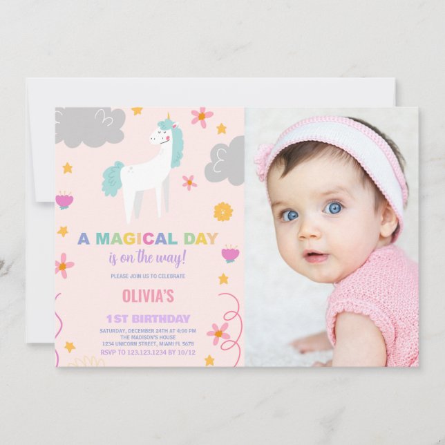 Unicorn Birthday-inbjudningar med foto Inbjudningar (Framsida)