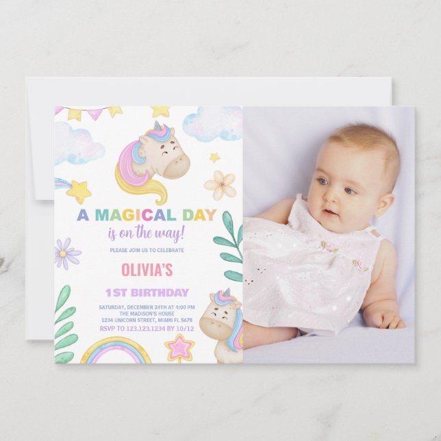 Unicorn Birthday-inbjudningar med foto Inbjudningar (Framsida)