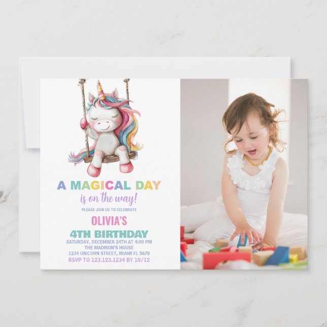 Unicorn Birthday-inbjudningar med foto Inbjudningar (Framsida)