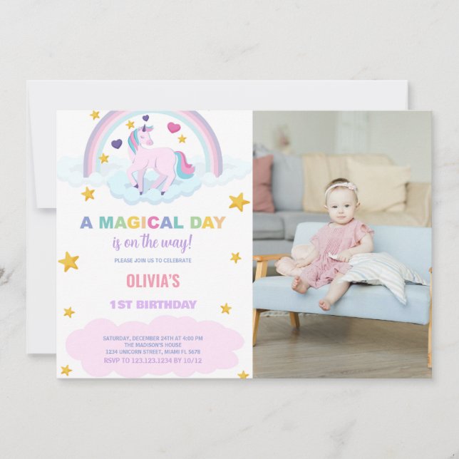 Unicorn Birthday-inbjudningar med foto Inbjudningar (Framsida)