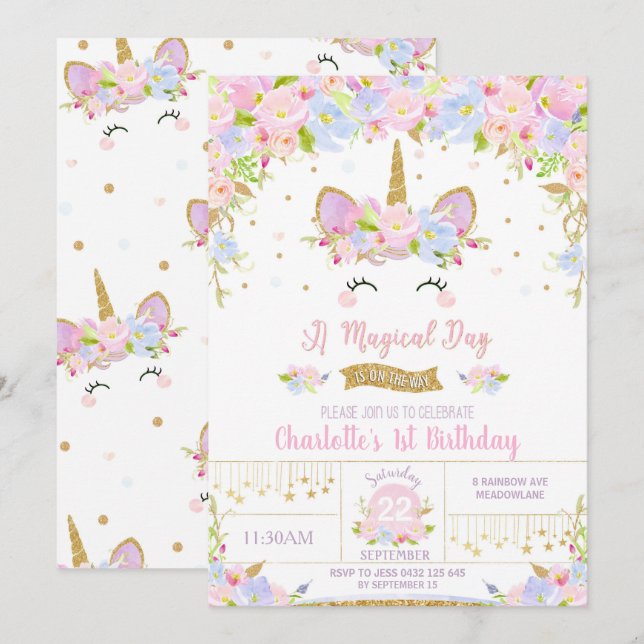 Unicorn Birthday Investigation Cute Blommigt Girls Inbjudningar (Fram/baksida)
