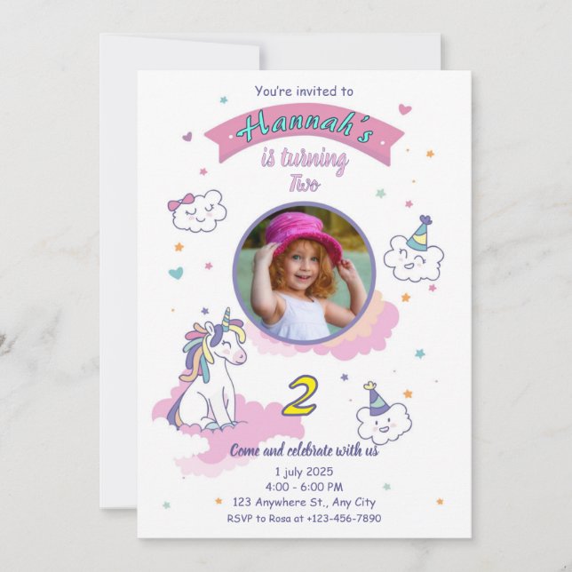 Unicorn birthday invitation girl bday invite inbjudningar (Framsida)