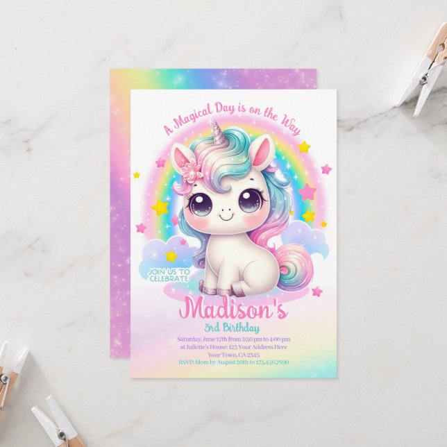Unicorn Birthday Invitation Inbjudningar (Fram/Back In Situ)