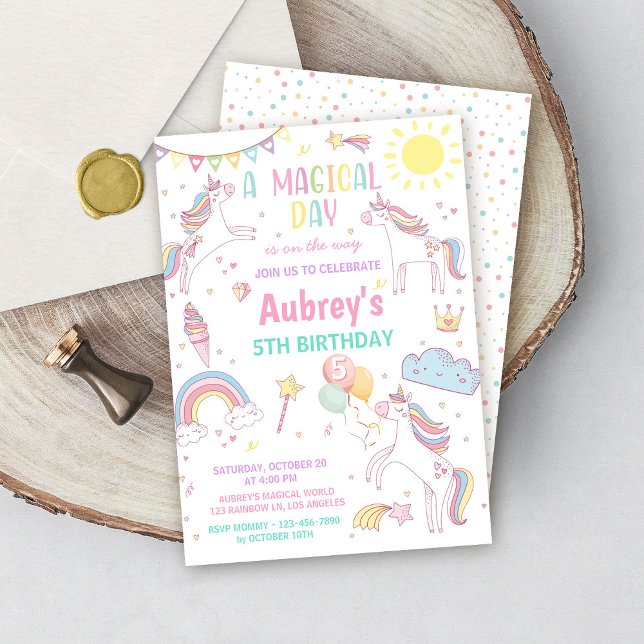Unicorn Birthday Invitation Magical Pastel Rainbow Inbjudningar (Skapare uppladdad)