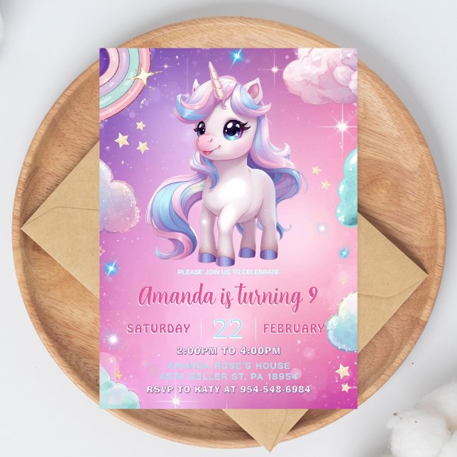 Unicorn Birthday Invitation Magical Rainbow Invite Inbjudningar (Skapare uppladdad)