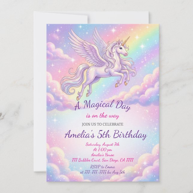 Unicorn Birthday Invitation Rainbow Unicorn Party Inbjudningar (Framsida)