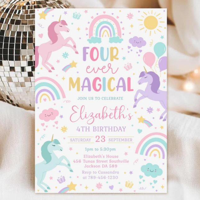 Unicorn Birthday Invitation Template, Four-Ever Ma Inbjudningar (Skapare uppladdad)
