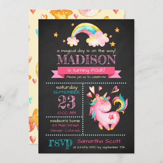 Unicorn Birthday | Magic Födelsedagsfest Inbjudan (Fram/baksida)