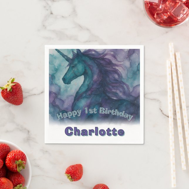 Unicorn Birthday Napkin - Alkohol Bläck Stil Pappersservett (Insitu)