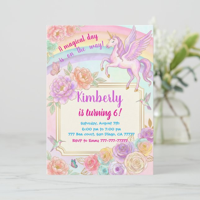 Unicorn Birthday Party Flowers Invitation Inbjudningar (Stående Fram)