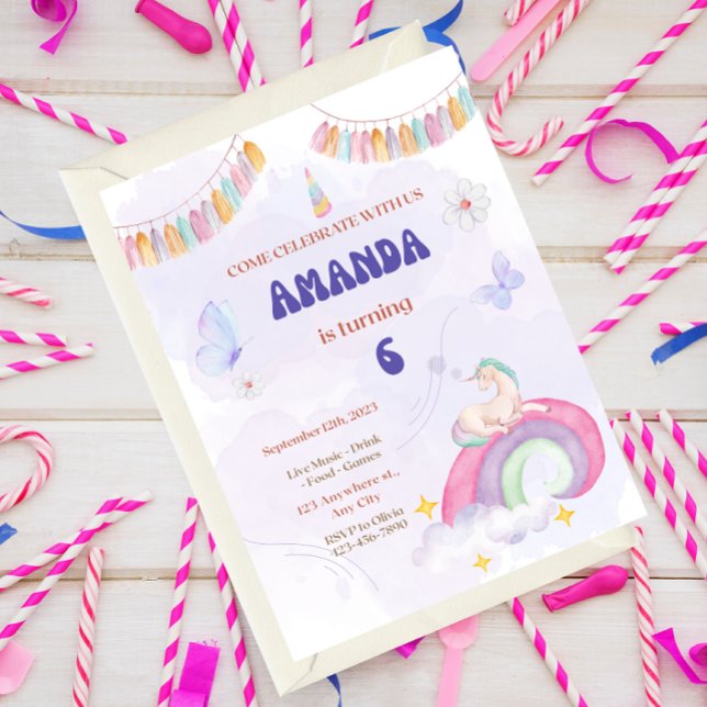Unicorn Birthday Party, Rainbow & Clouds for Kids Inbjudningar (Skapare uppladdad)