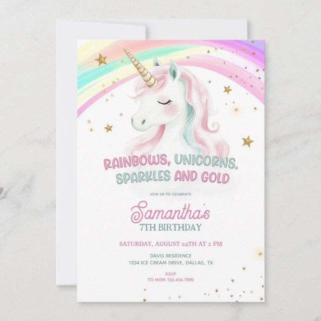 Unicorn Birthday, Pastel Unicorn, Rainbow Inbjudningar (Framsida)