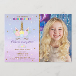 Unicorn Birthday Photo Investigation Rosa Lila Gul Inbjudningar