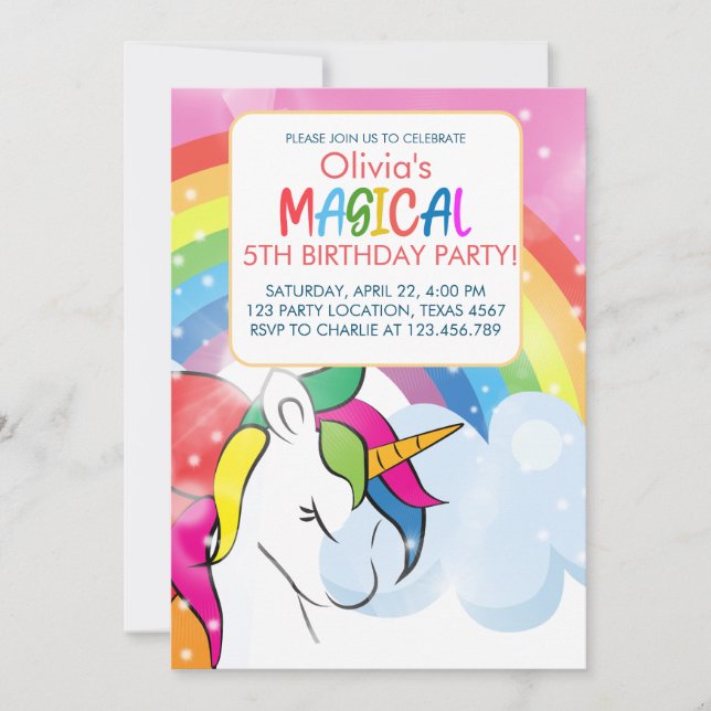 Unicorn Birthday Rainbow Party Magic Girl Party Inbjudningar (Framsida)