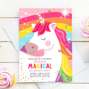 Unicorn Birthday Rainbow Party Magic Girl Rosa Inbjudningar