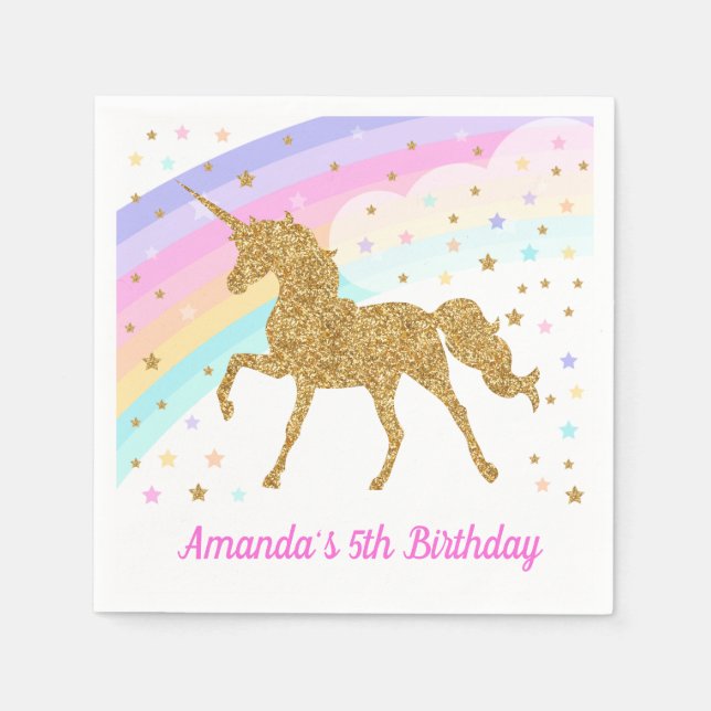 Unicorn Birthday Rosa & Guld Pappersservett (Framsidan)