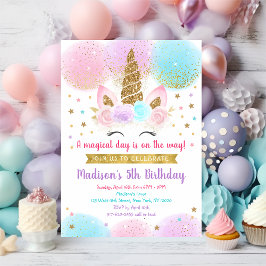 Unicorn Birthday Rosa Guld Rainbow Inbjudningar