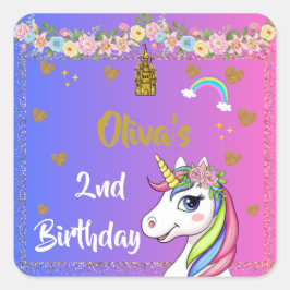 Unicorn Birthday Stickers | Rainbow Unicorn Party Fyrkantigt Klistermärke