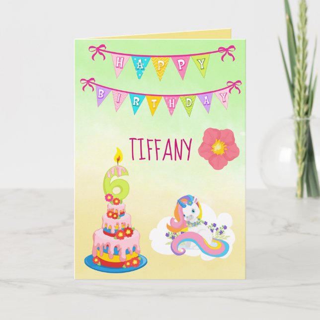 Unicorn Birthday Tema 6 år Kort (Framsida)