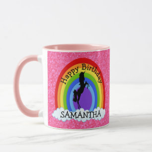 Unicorn Black Grattis på födelsedagen Rosa Glitter Mugg