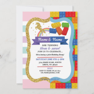 Unicorn & Blocks Joint Boy Girl Birthday Inbjudan