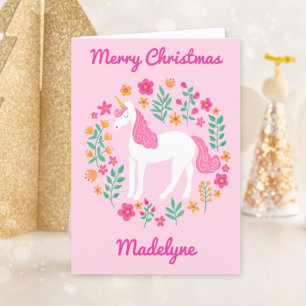 Unicorn Blommigt Cute Rosa God jul Helgkort