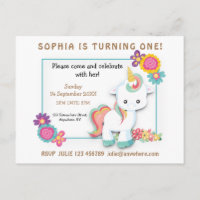 Unicorn Blommigt First Birthday bjudande White