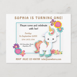 Unicorn Blommigt First Birthday bjudande White Vykort