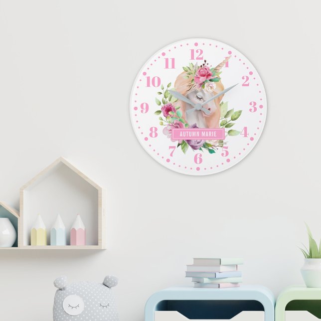 Unicorn Blommigt Kids Wall Clock Stor Klocka (Skapare uppladdad)