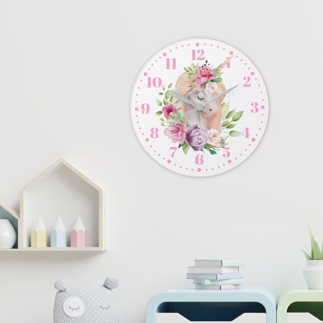 Unicorn Blommigt Kids Wall Clock Stor Klocka (Skapare uppladdad)