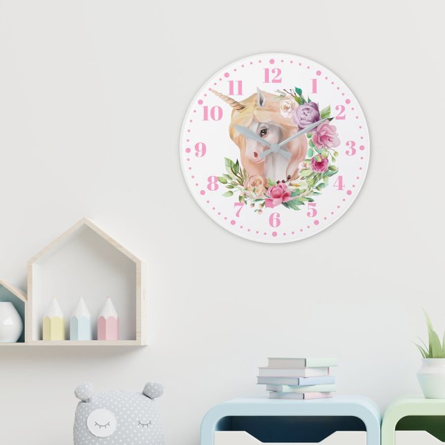 Unicorn Blommigt Kids Wall Clock Stor Klocka (Skapare uppladdad)