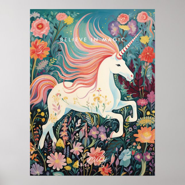 Unicorn blommigt Magic Think barn room poster (Framsidan)