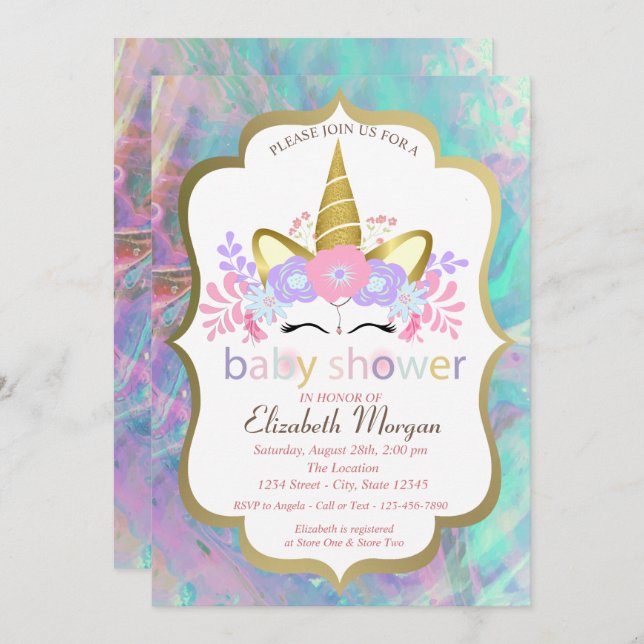 Unicorn,Blommigt,Opal Baby Shower Inbjudningar (Fram/baksida)